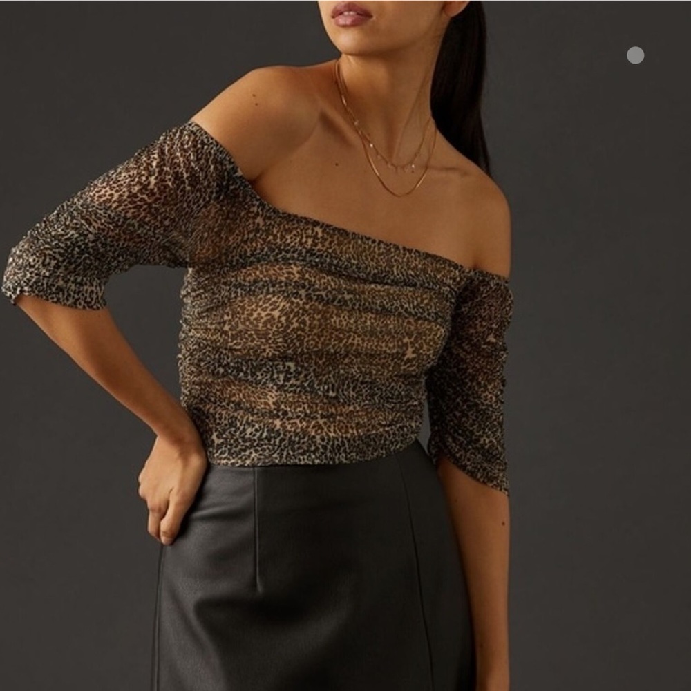 Off the shoulder anthropologie mesh shirred cheetah print top